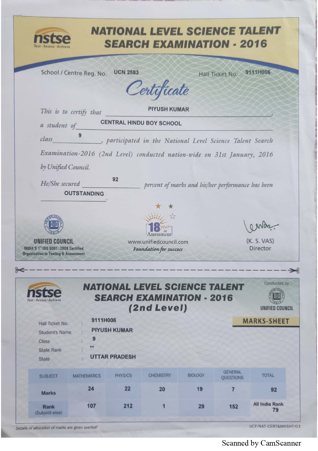 NSTSE rank marksheet, Class 9th